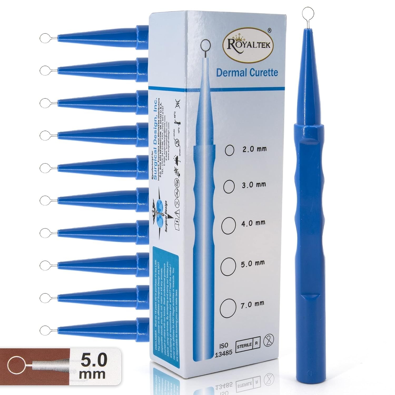 Individually Packaged Sterile Dermal Curettes – 10 Count – 5.00 mm Safety Design