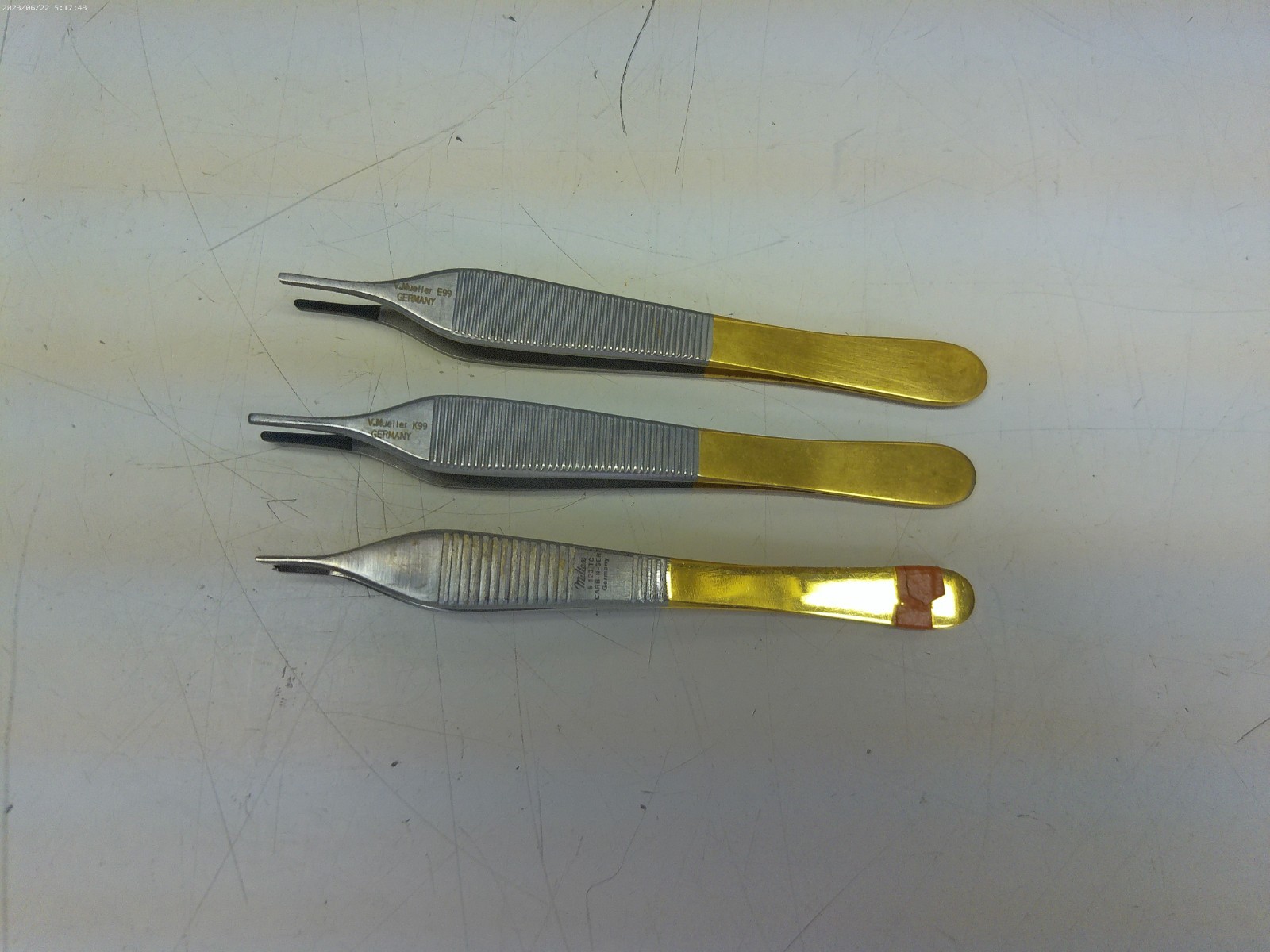 Lot 3) Tungsten Carbide Gold Dipped Tissue Forceps V mueller NL1415 Miltex 6-123