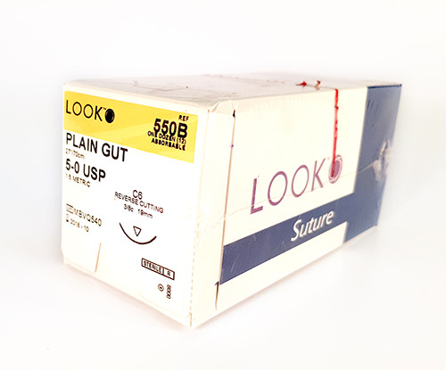 Look 550B Plain Gut Absorbable Reverse Cut Sutures C6 5-0 3/8 Circle 27″ 12/Bx