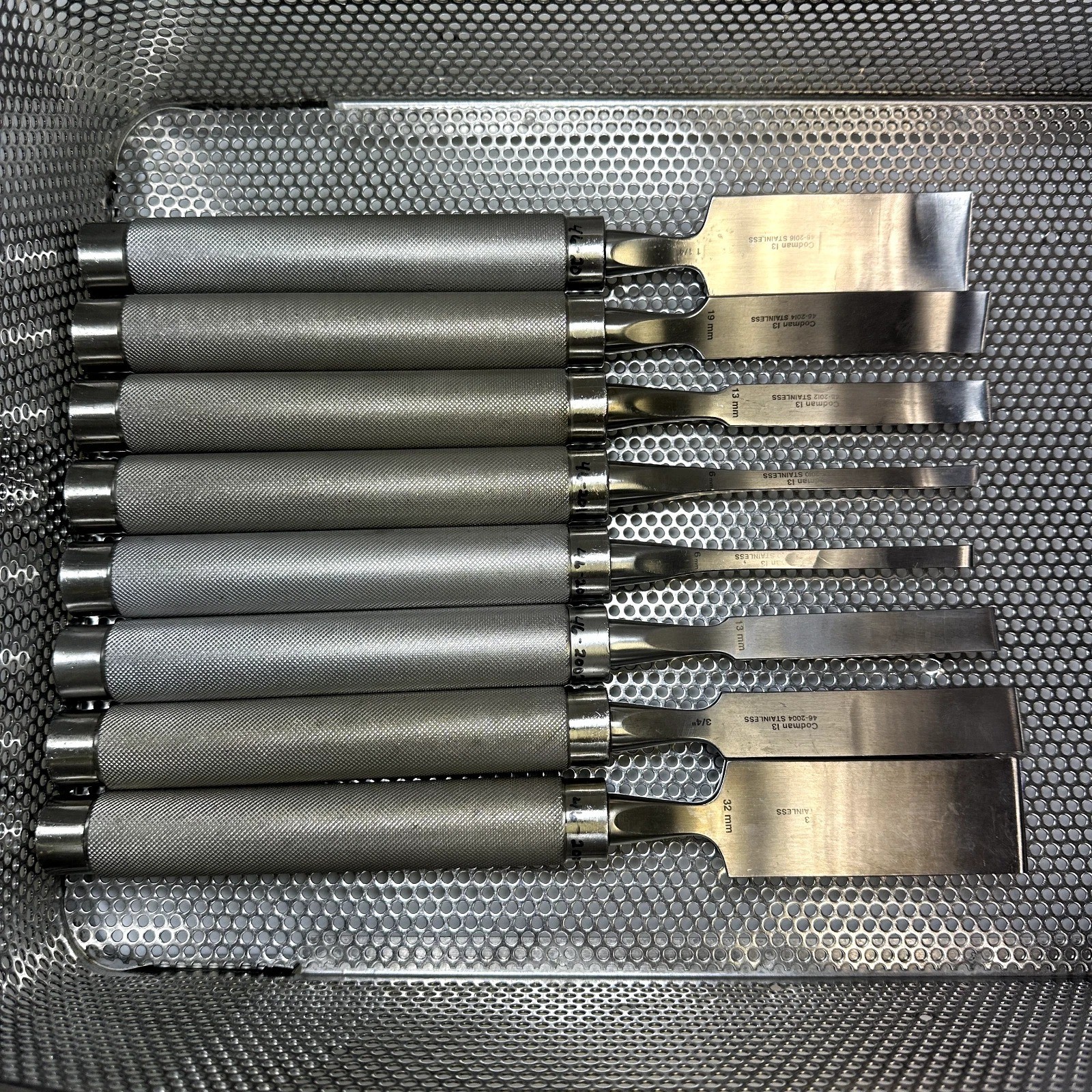 Set of 8 Codman OptiLength 11″ Straight & Curved Osteotomes w/ Case Orthopedics