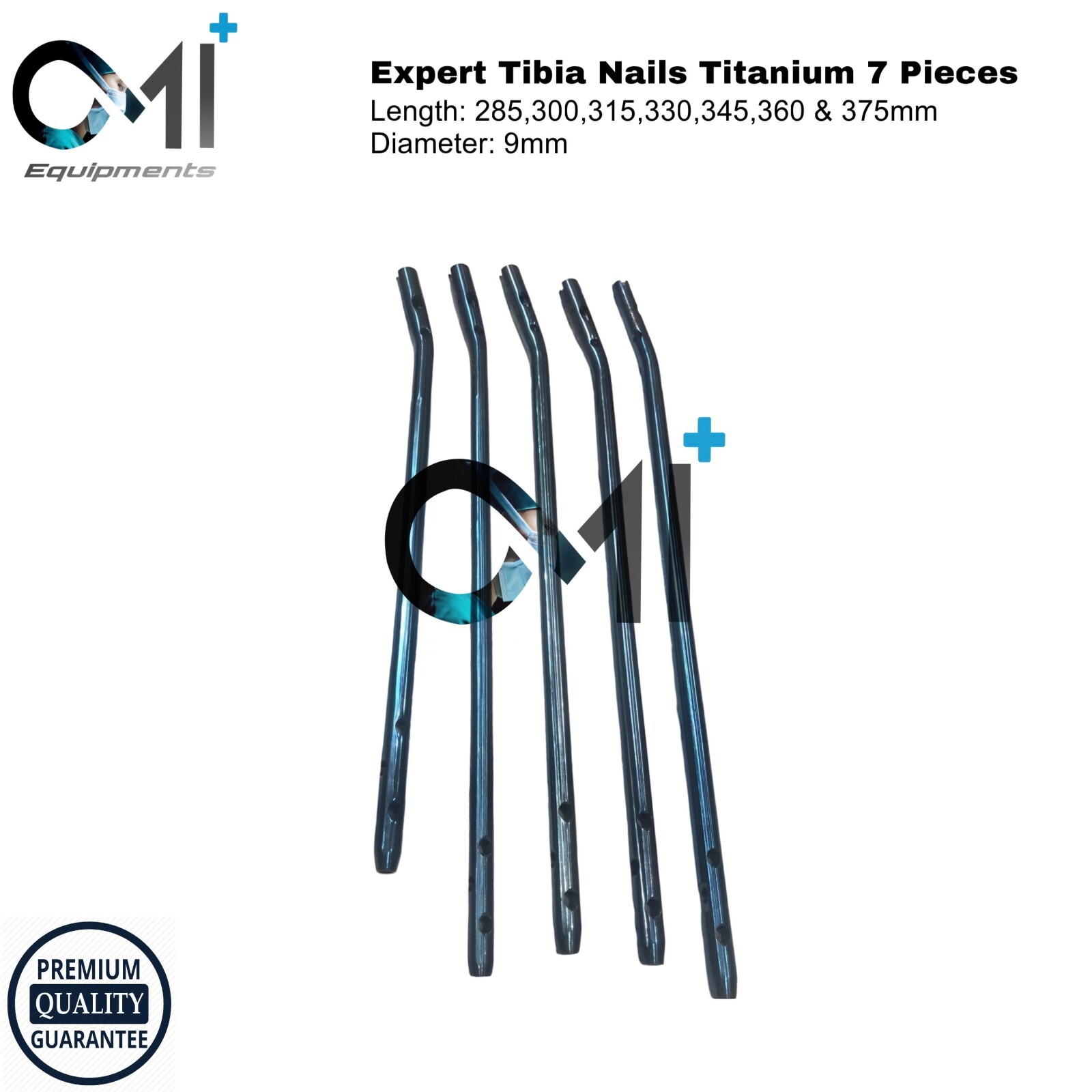 EXPERT TIBIA NAILS (Dia:9mm,Lengths:285,300,315,330,345,360 &375mm) Titanium 7Pc