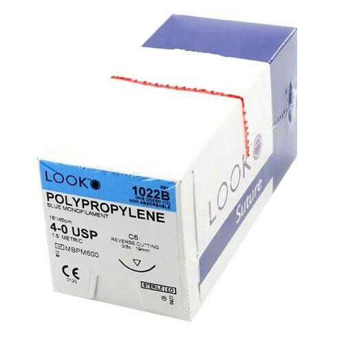 Look 1022B Polypropylene Blue Monofilament Reverse Cut Sutures C6 4/0 18″ 12/Bx