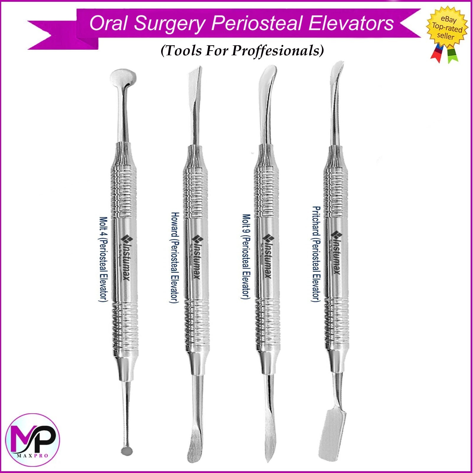 Oral Surgery Periosteal Elevators Set of 4 Stainless Steel Surgical Instruments