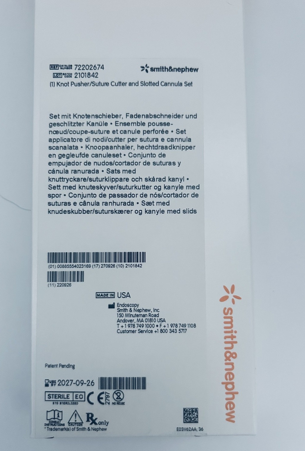 NEW Smith & Nephew 72202674 Knot Pusher /Suture Cutter Cannula Set Exp 09/2027