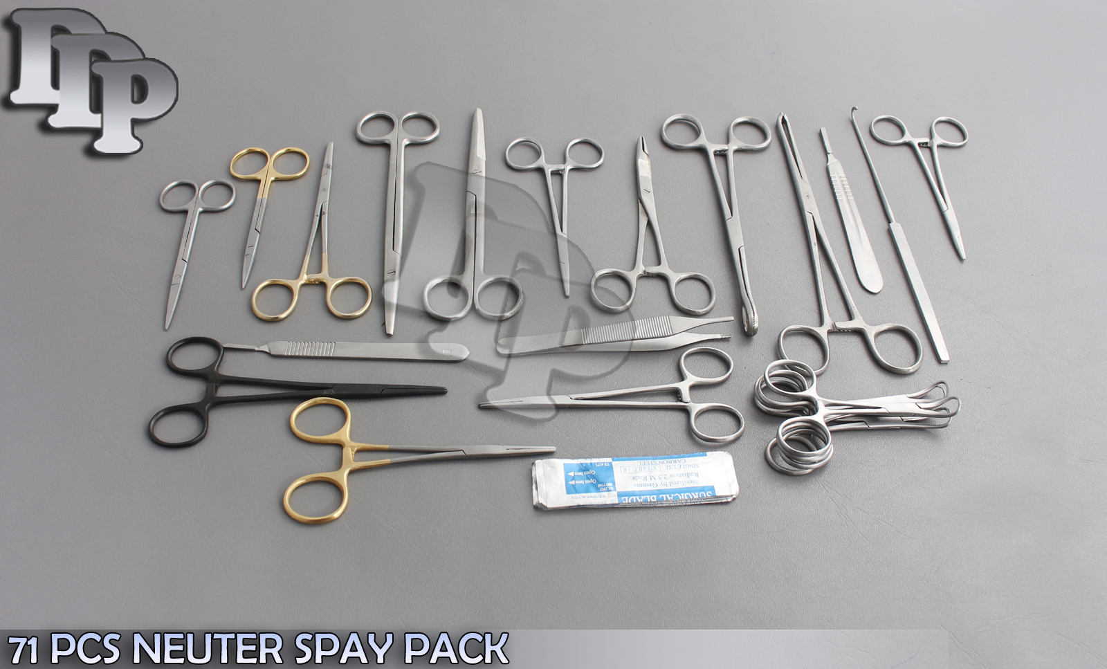 71 PCS NEUTER SPAY PACK VETERINARY SURGICAL INSTRUMENTS GOLD HANDLE Black Color