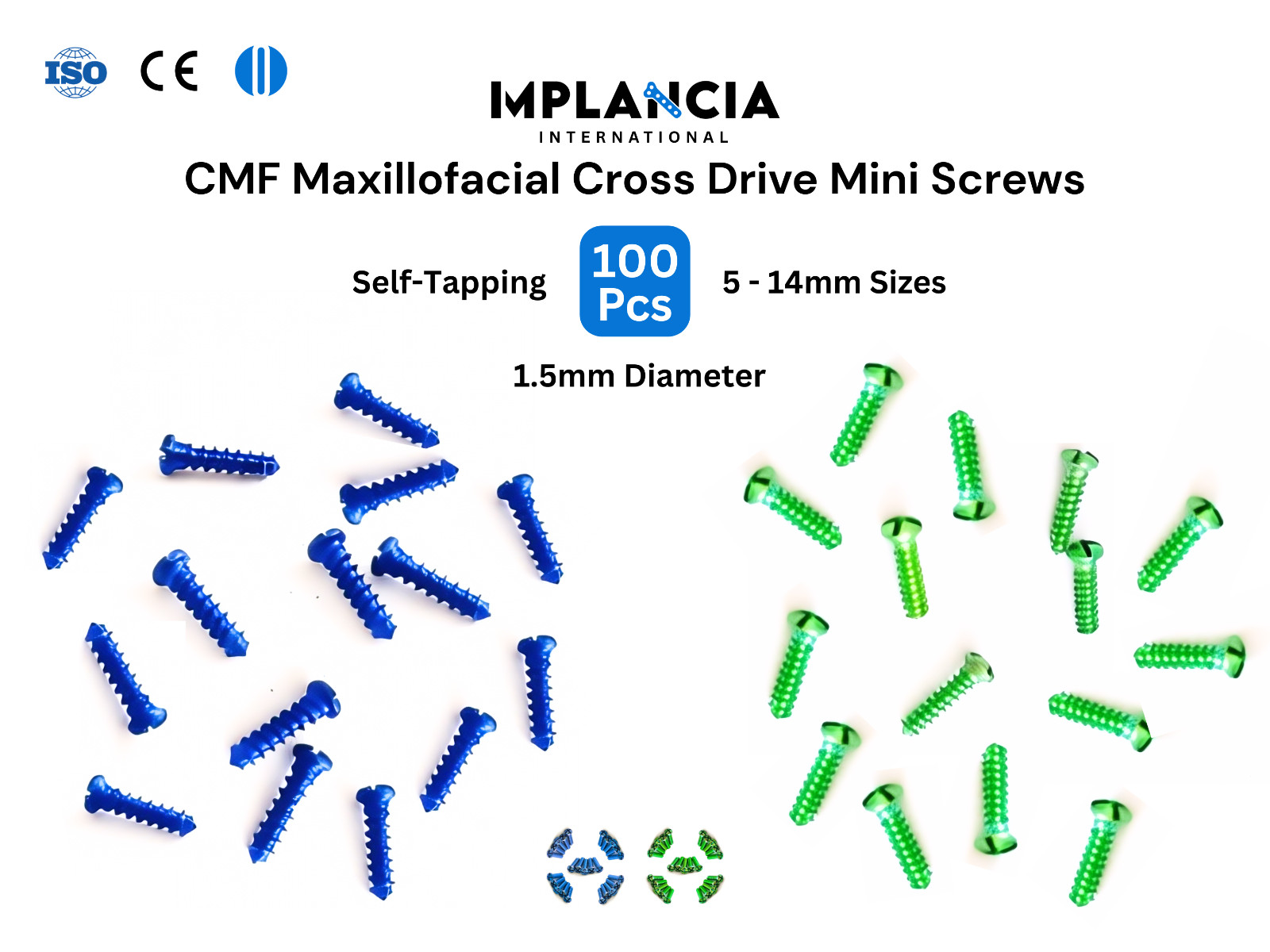 Maxillofacial Titanium Self-Tapping Screws Set 100 Pcs Assorted Sizes 5mm–14mm