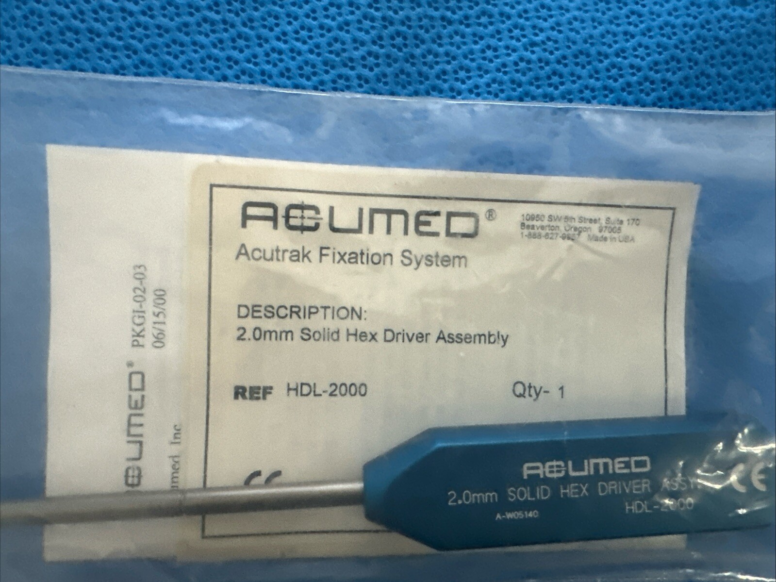Acumed HDL-2000 Acutrak 2.0mm Solid Hex Driver Orthopedic
