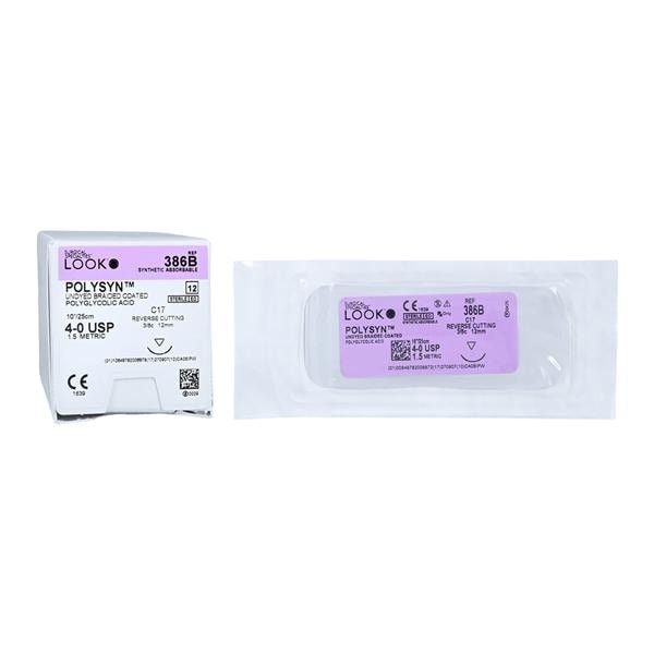 Look 386B 4/0 PolySyn Undyed Braided Sutures 10″ 25cm C17 12mm 3/8 Circle 12/Bx