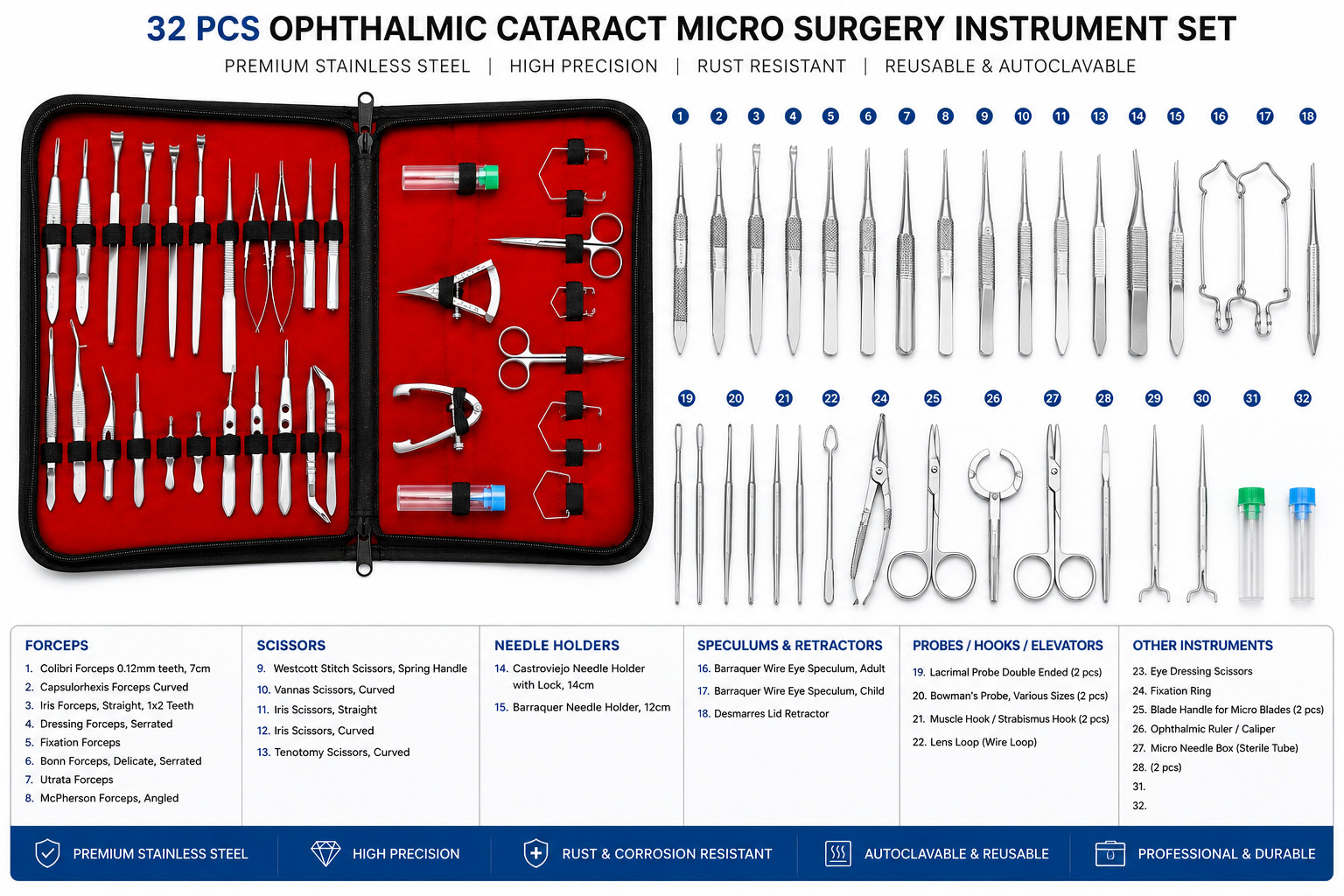 32 Pcs Ophthalmic Cataract Eye Micro Surgery Kit Surgical Instruments Set
