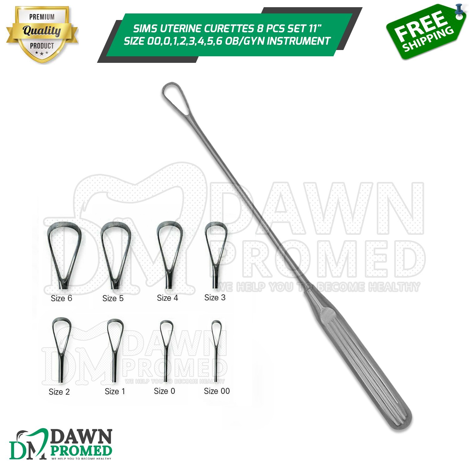 Sims Uterine Curettes 8 Pcs Set 11″ Sharp Blade 00,0,1,2,3,4,5,6 Inst German Gr