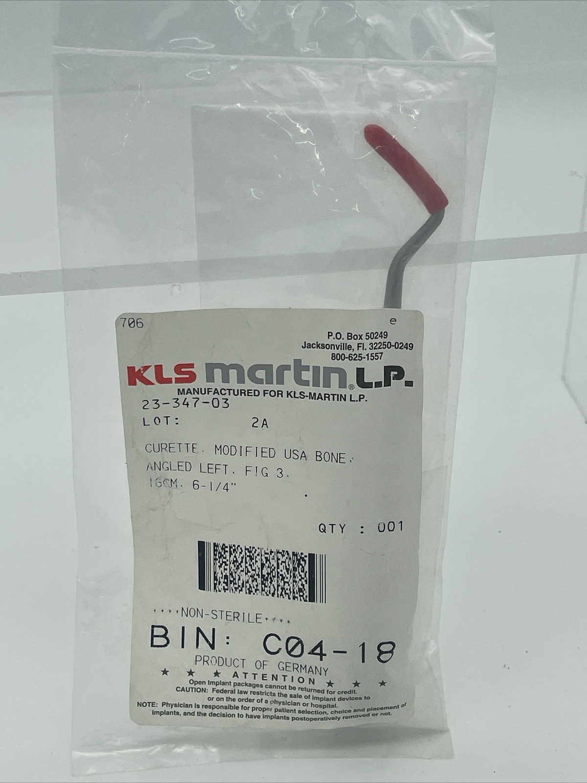 New KLS Martin Orthopedic Curette Angeled Left 16cm 6 1/4” 23-347-03 Ch17