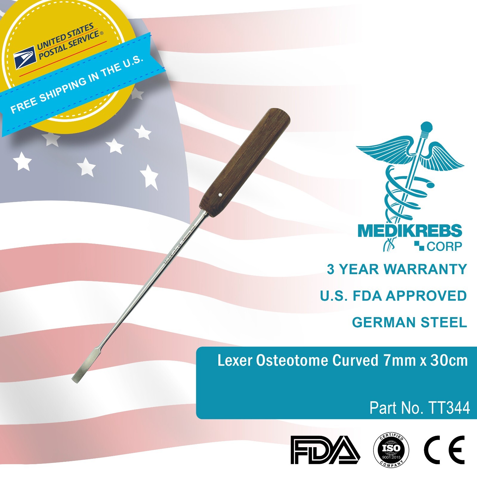 Lexer Bone Osteotome Curved 7 mm x 30 cm with Fiber Handle Surgical Instruments